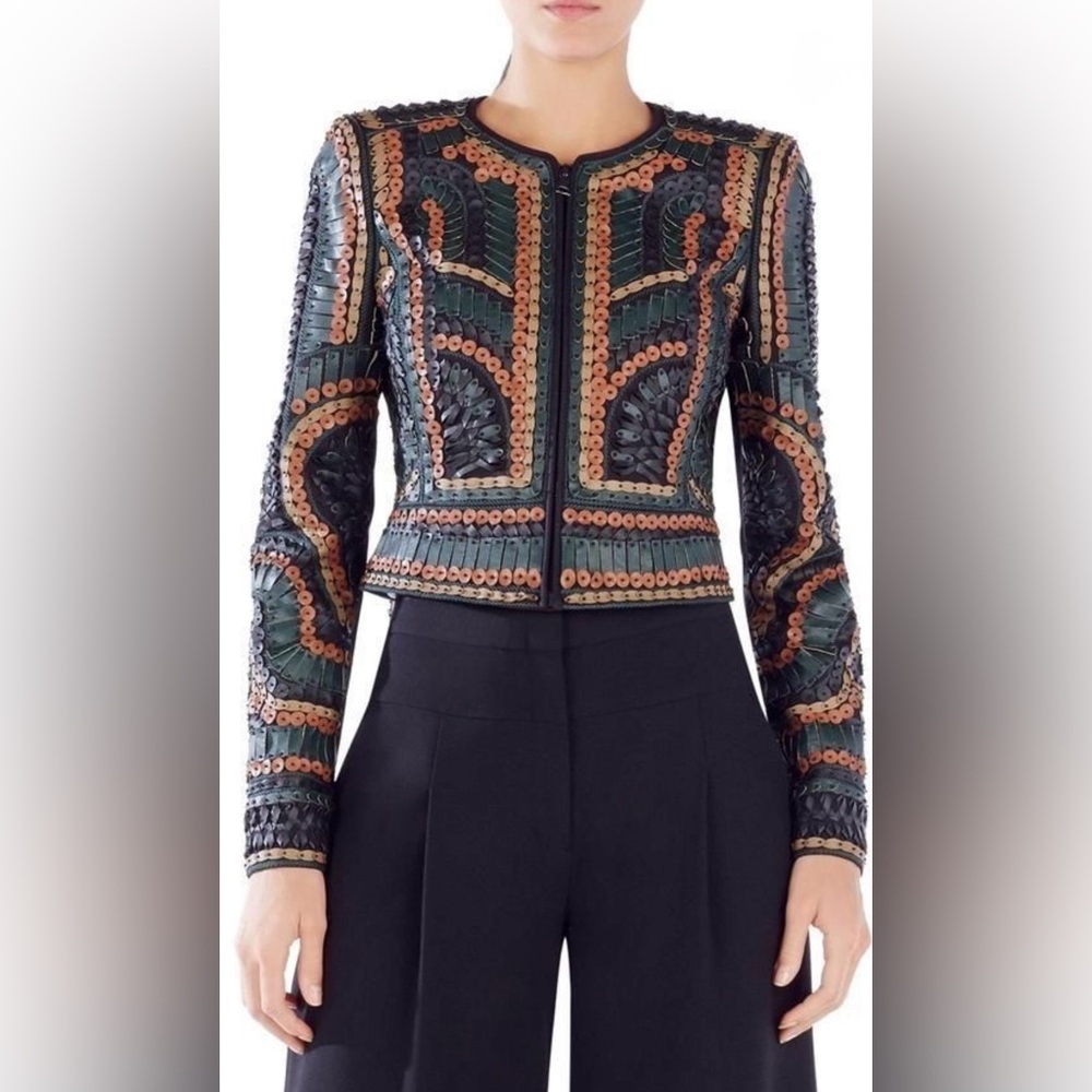 BCBGMaxAzria Runway Green & Tan Embellished Cropped Leather Jacket